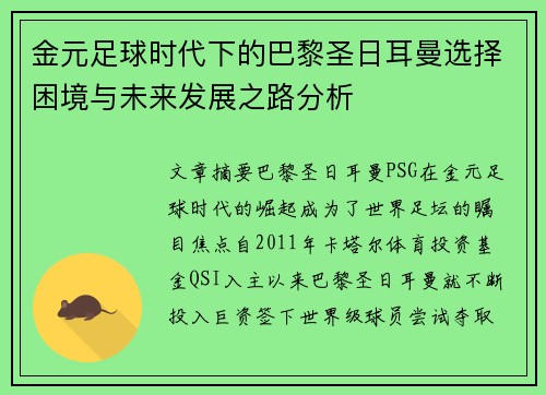 金元足球时代下的巴黎圣日耳曼选择困境与未来发展之路分析 金元足球时代下的巴黎圣日耳曼选择困境与未来发展之路分析